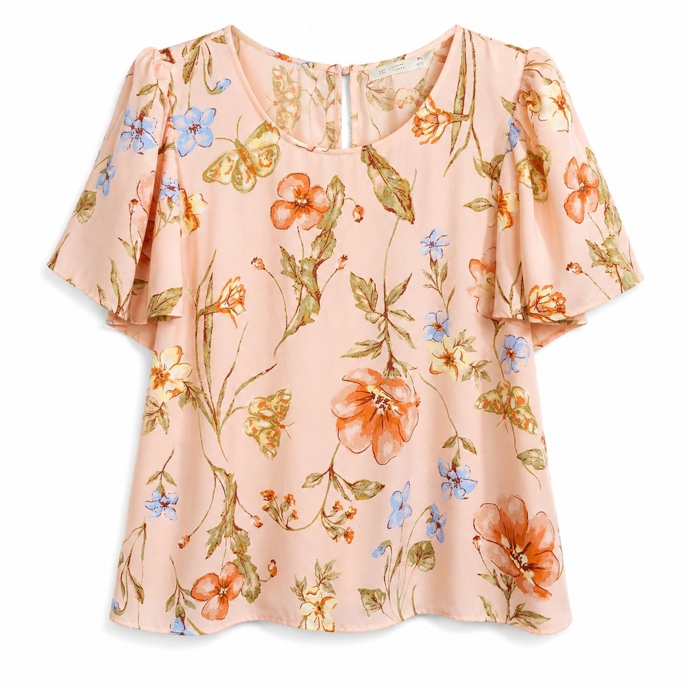 LC Lauren Conrad Floral Butterfly Blouse Womens PL Pink Excellent Flutter Sleeve